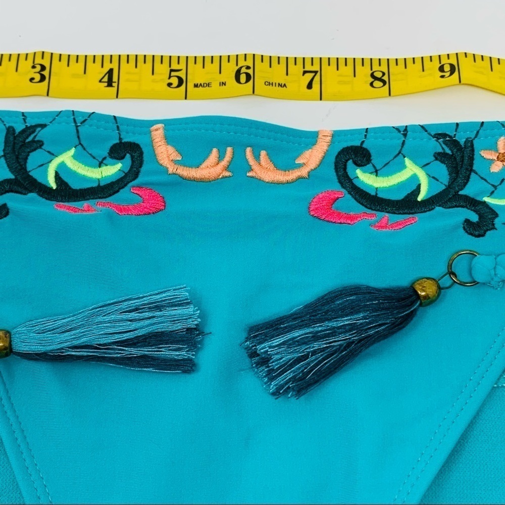Bohemian Teal Turquoise Floral Embroidered Two Piece Bikini Swim Suit Size Small - Picture 14 of 16